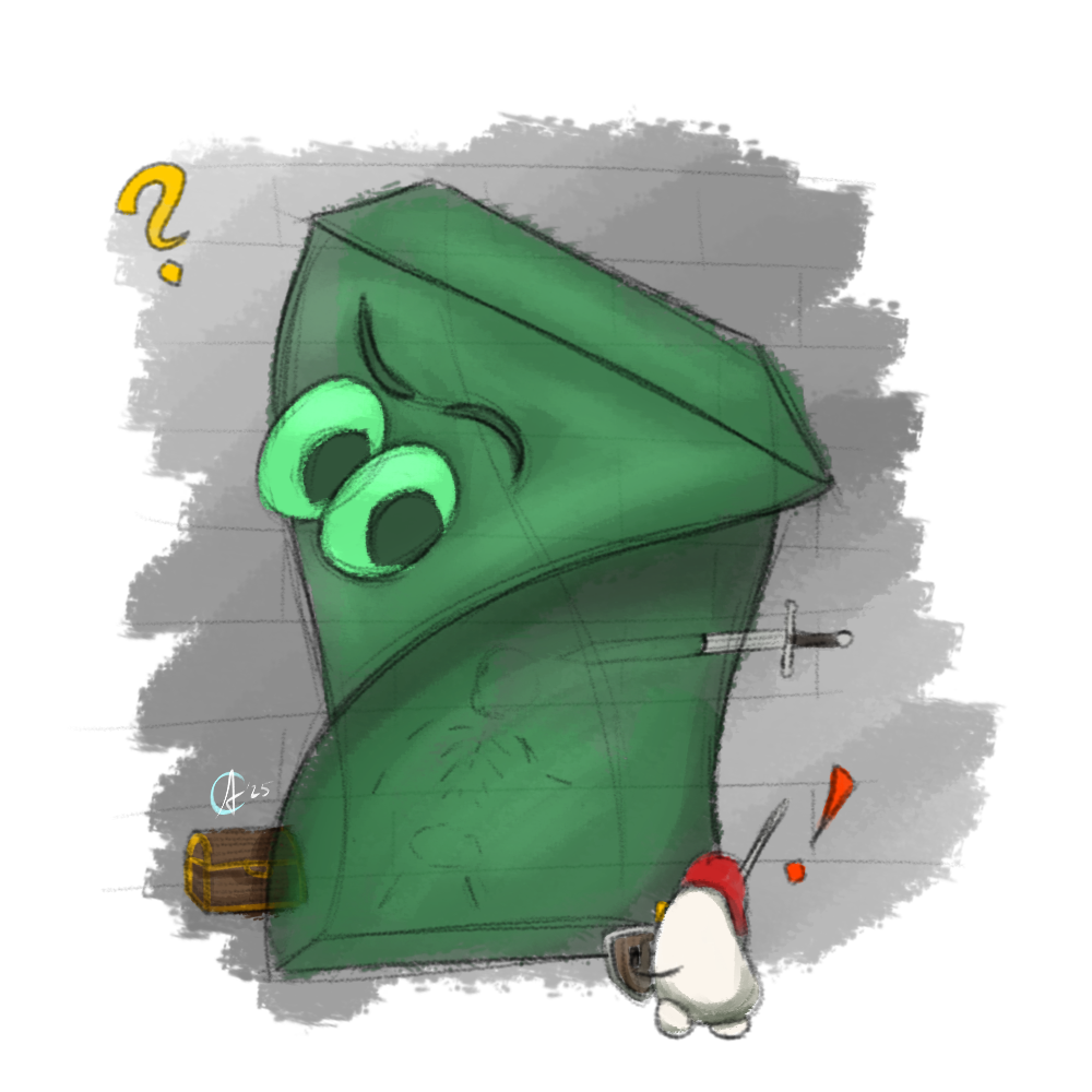 A chicken with a sword approaches a large gelatinous cube which twists around to look at the chicken